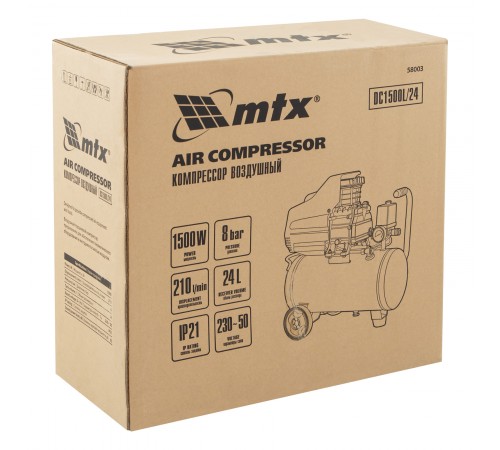 Компрессор воздушный DC1500L/24, 1,5 кВт, 24 л, 210 л/мин MTX
Компрессор воздушный DC1500L/24, 1,5 кВт, 24 л, 210 л/мин MTX