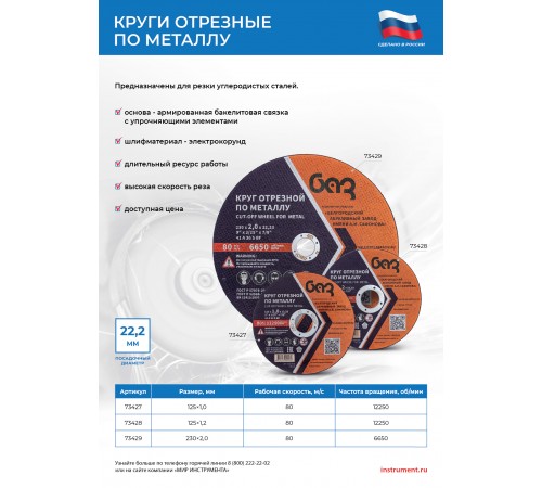 Круг отрезной по металлу, 125 х 1,2 х 22,2 мм (БАЗ)
