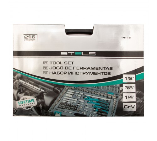 Набор инструментов, 1/4", 3/8", 1/2", Cr-V, S2, усиленный кейс, 216 предметов Stels
