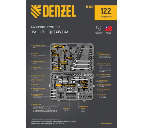 Набор инструментов, 1/2", 1/4", CrV, S2, пластиковый кейс, 122 предмета Denzel
Набор инструментов, 1/2", 1/4", CrV, S2, пластиковый кейс, 122 предмета Denzel