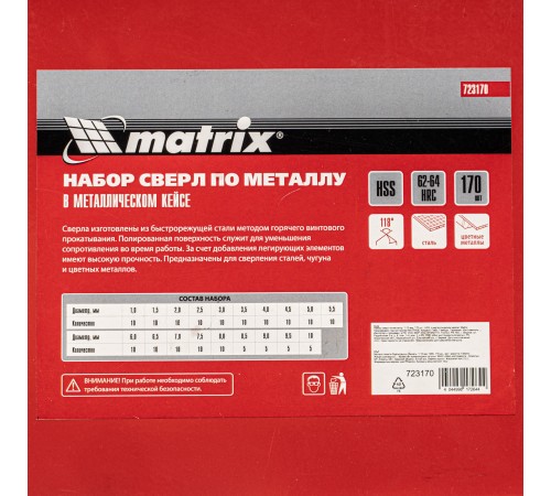 Набор сверл по металлу, 1-10 мм, 170 шт, HSS, в металлическом кейсе Matrix
Набор сверл по металлу, 1-10 мм, 170 шт, HSS, в металлическом кейсе Matrix
