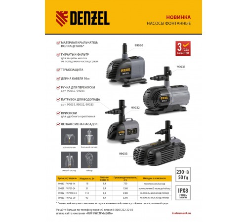 Насос фонтанный FNP18-14, 18 Вт, подъем 1,4 м, 750 л/ч, колокольчик/каскад Denzel
Насос фонтанный FNP18-14, 18 Вт, подъем 1,4 м, 750 л/ч, колокольчик/каскад Denzel