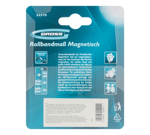 Рулетка Magnetisch 3 м х 16 мм,обрезиненный корпус,автоматическая фиксация,Нейлоновое покрытиеытие,зацеп с магнитом Gross

