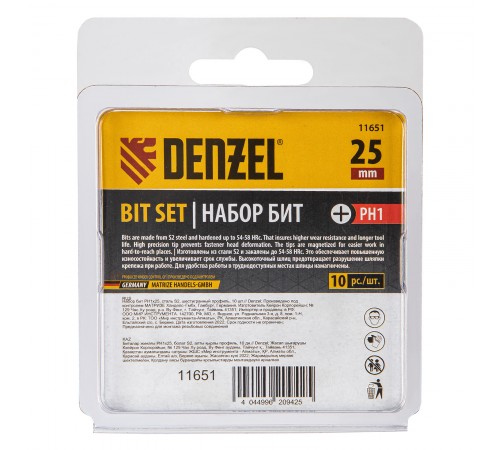 Бита PH1х25, сталь S2, шестигранный профиль, 10 шт. Е 6,3 Denzel
