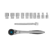 Набор торцевых головок, трещотка 120 зубьев, 1/4", CrV, 12 предметов Gross
