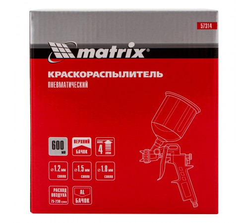 Краскораспылитель пневматический с верхним бачком V 0.6 л, сопло D 1.2, 1.5 и 1.8 мм Matrix
Краскораспылитель пневматический с верхним бачком V 0.6 л, сопло D 1.2, 1.5 и 1.8 мм Matrix