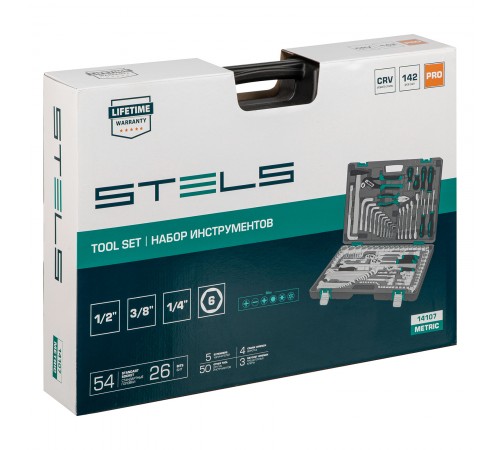 Набор инструментов, 1/2",3/8", 1/4", CrV, пластиковый кейс 142 предмета Stels
Набор инструментов, 1/2",3/8", 1/4", CrV, пластиковый кейс 142 предмета Stels