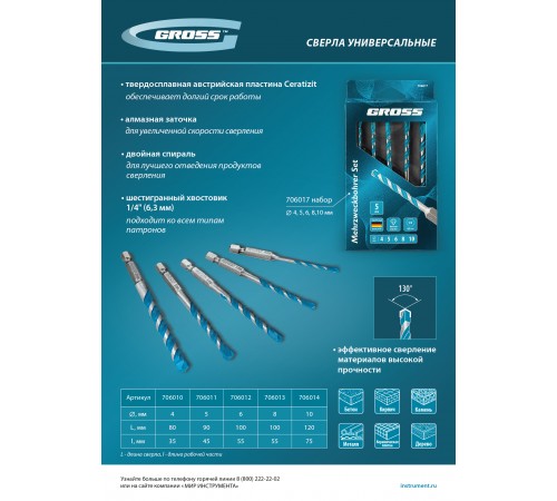 Сверло универсальное, Multipurpose PRO, 6-гр. хвостовик, 5мм Gross
