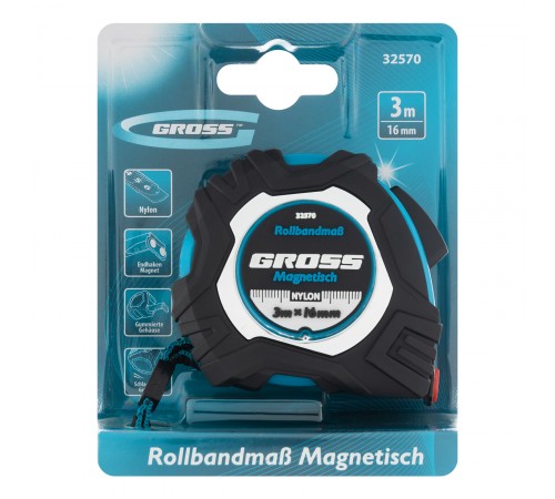 Рулетка Magnetisch 3 м х 16 мм,обрезиненный корпус,автоматическая фиксация,Нейлоновое покрытиеытие,зацеп с магнитом Gross

