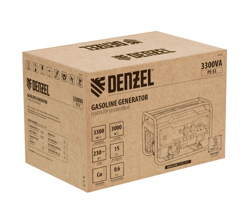 Генератор бензиновый PS 33, 3.3 кВт, 230 В, 15 л, ручной стартер Denzel
Генератор бензиновый PS 33, 3.3 кВт, 230 В, 15 л, ручной стартер Denzel