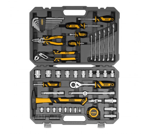 Набор инструментов, 1/2", 1/4", CrV, S2, пластиковый кейс, 64 предмета Denzel
Набор инструментов, 1/2", 1/4", CrV, S2, пластиковый кейс, 64 предмета Denzel