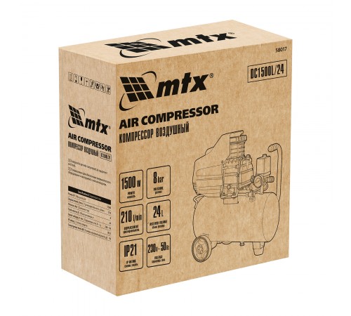 Компрессор воздушный DC1500L/24, 1,5 кВт, 24 л, 210 л/мин MTX
Компрессор воздушный DC1500L/24, 1,5 кВт, 24 л, 210 л/мин MTX