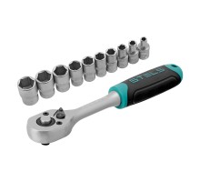 Набор торцевых головок, 1/4", головки 4 - 13 мм, с трещот. ключом, CrV,11 предметов Stels
