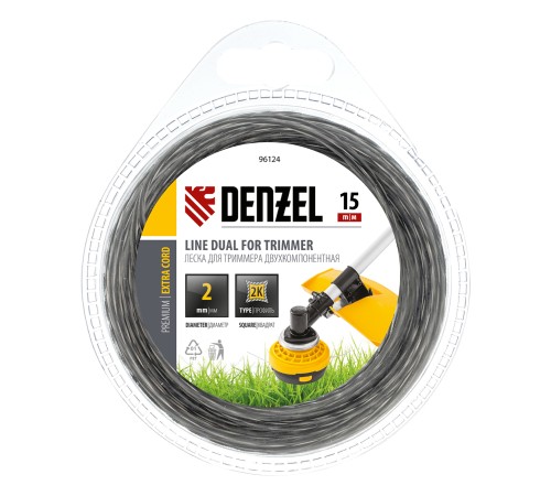 Леска для триммера, двухкомпонентная квадрат 2 мм, 15 м Extra cord Denzel
