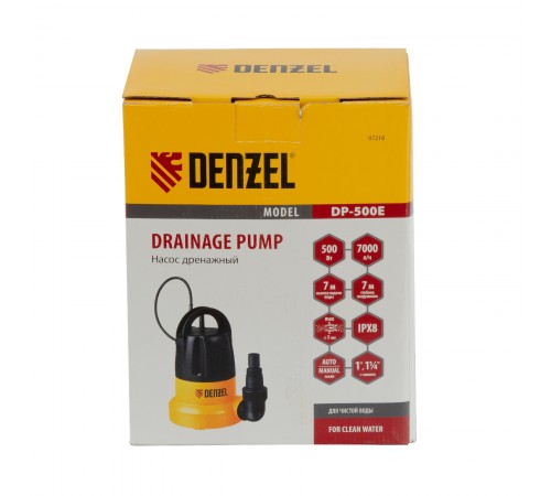 Дренажный насос DP500E, 500 Вт, подъем 7 м, 7000 л/ч Denzel
Дренажный насос DP500E, 500 Вт, подъем 7 м, 7000 л/ч Denzel
