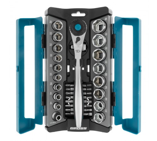 Набор торцевых головок, трещотка 120 зубьев, 1/2",3/8”, CrV, 36 предметов Gross
